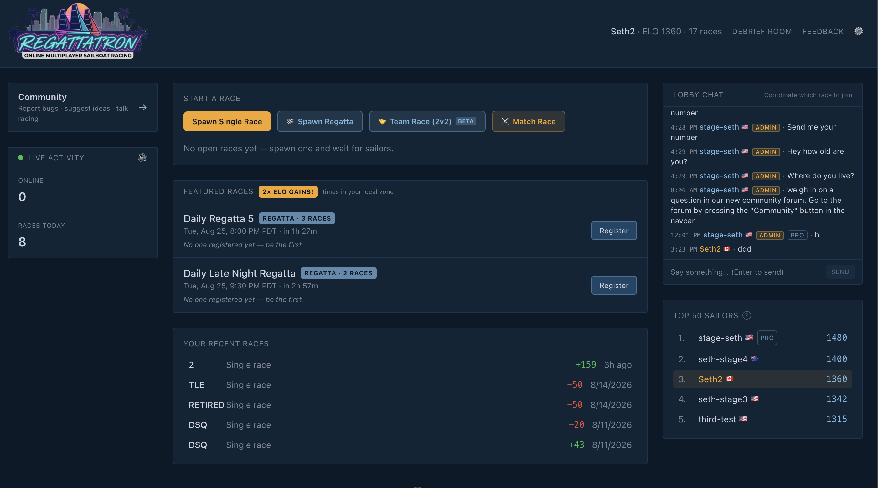 The Regattatron lobby: races to join, lobby chat and the top-50 leaderboard